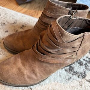 Women's Brown Suede Ankle Boots with Layered Strap Detail